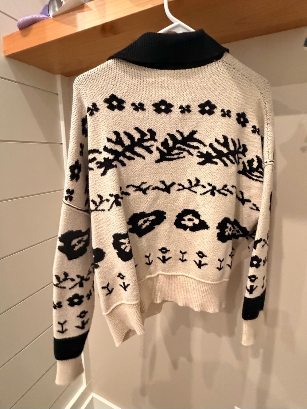 Cream and Black Floral Knit Sweater - Women's Collared Pullover